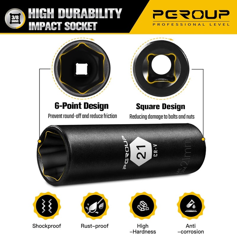 pgroup 3/8” Drive Deep Impact Socket, Metric(21mm socket), 6-Point, Cr-V Steel With Black Manganese Phosphate Coating - Image 4